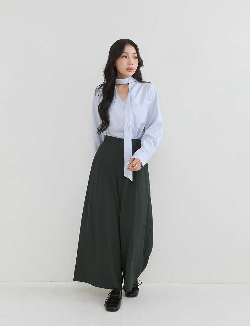 Asymmetrical Waist Pleated Chiffon Wide Leg Plus Size Pants