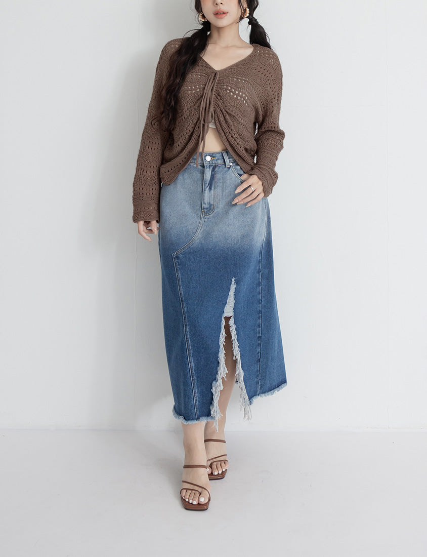 MUA! Lace Openwork Drawstring Knit Plus Size Top
