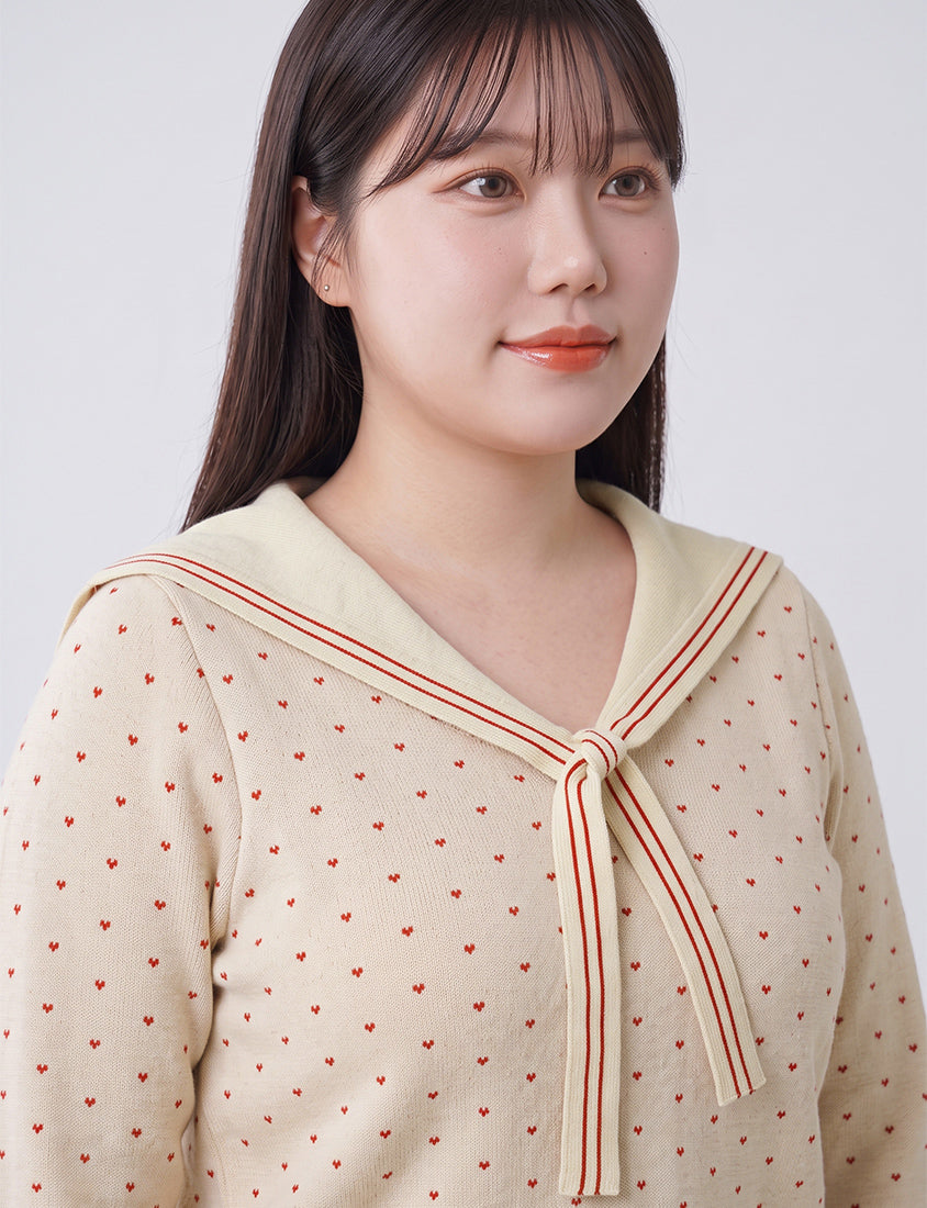 Sweet Heart Sailor Collar Long Sleeve Knit Plus SizeTop