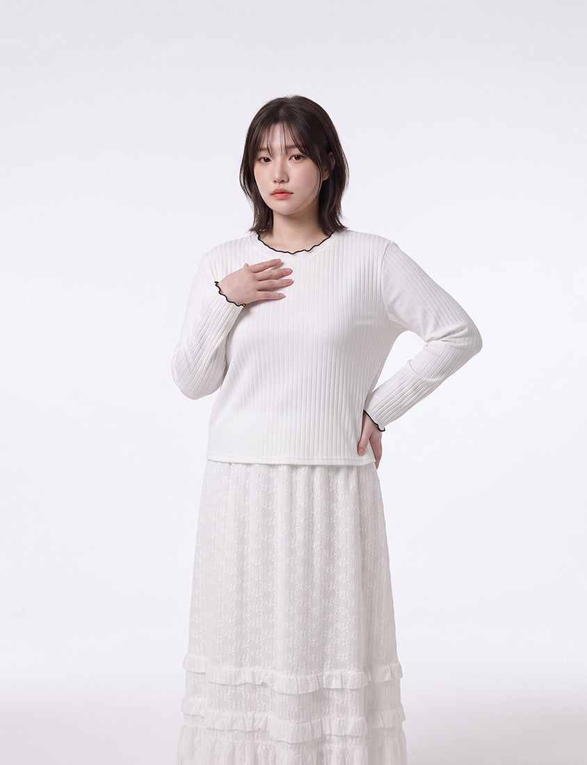 Soft Wide Ribbed Ruffle-Trim Long Sleeve Plus Size Top