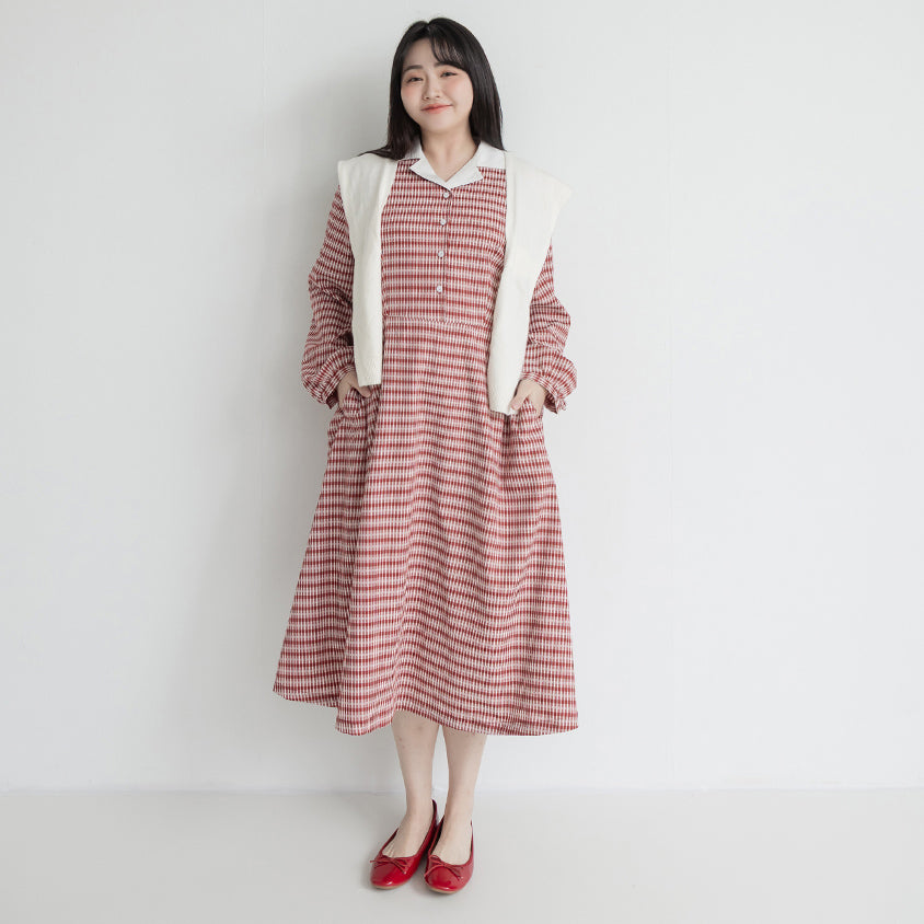 Contrast Cuban Collar Vintage Plaid Plus Size Maxi Dress