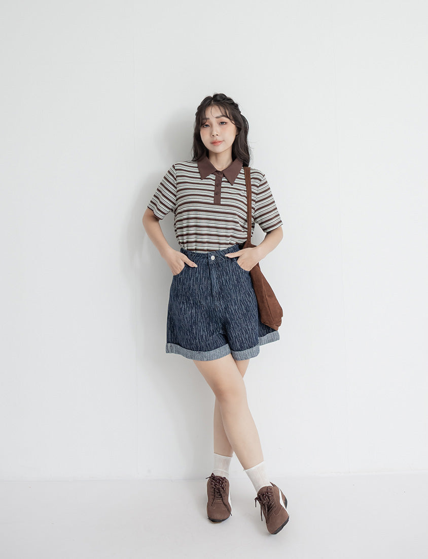 Textured Two-Tone Denim Cuffed Plus Size Shorts