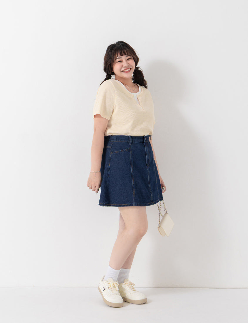 Apple-Shaped Friendly! Perfect Fit Seamed A-Line Denim Plus Size Mini Skirt