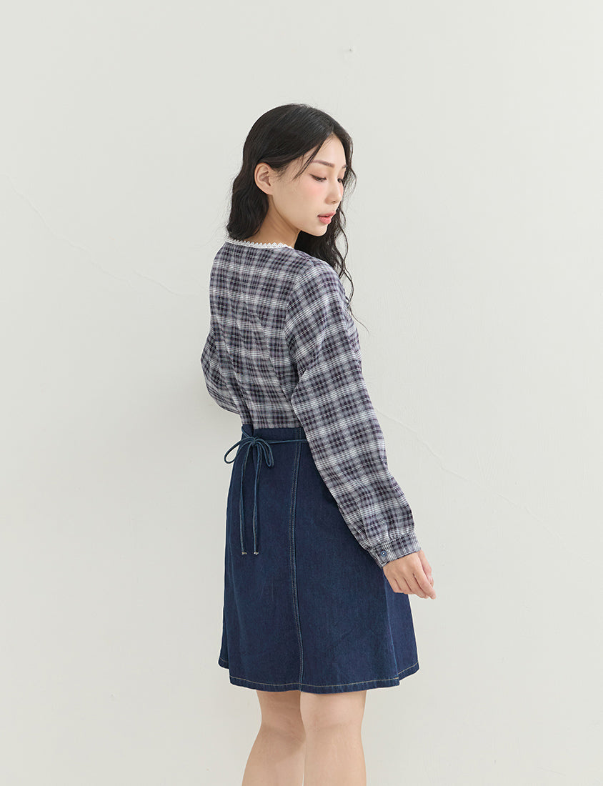 Vintage Plaid Faux Two-Piece Denim Plus Size Mini Dress