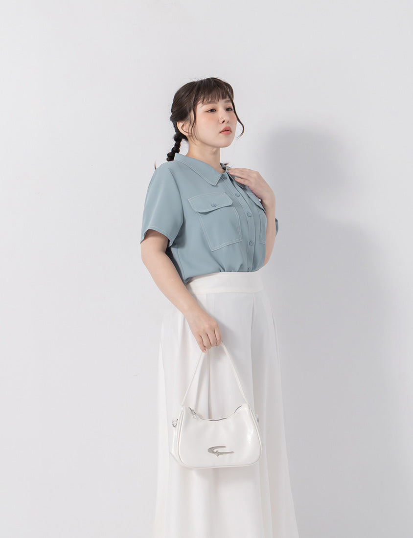 Contrast Stitch Lightweight Utility Chiffon Plus Size Shirt