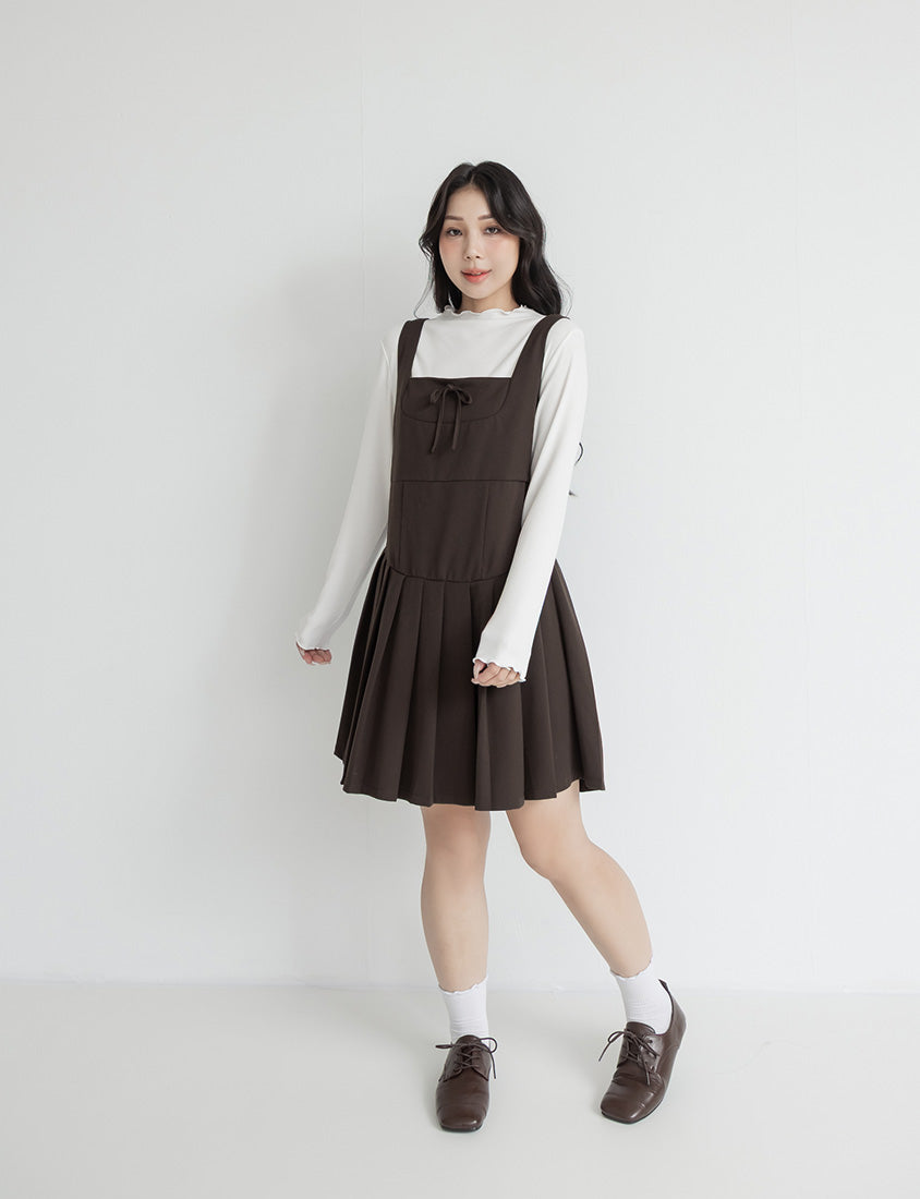 Square Neck Tie-Front Pleated Pinafore Plus Size Mini Dress