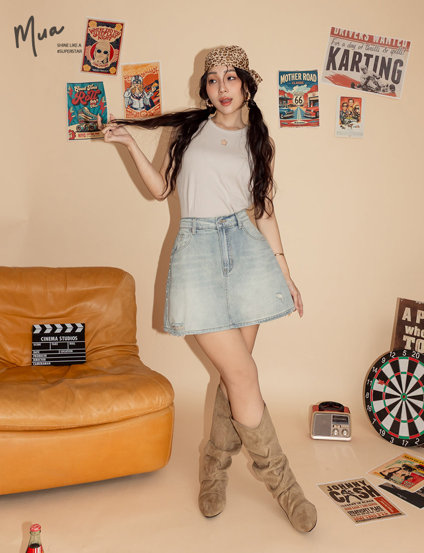 MUA! Side Pearl Studded Distressed Denim Plus Size Mini Skirt