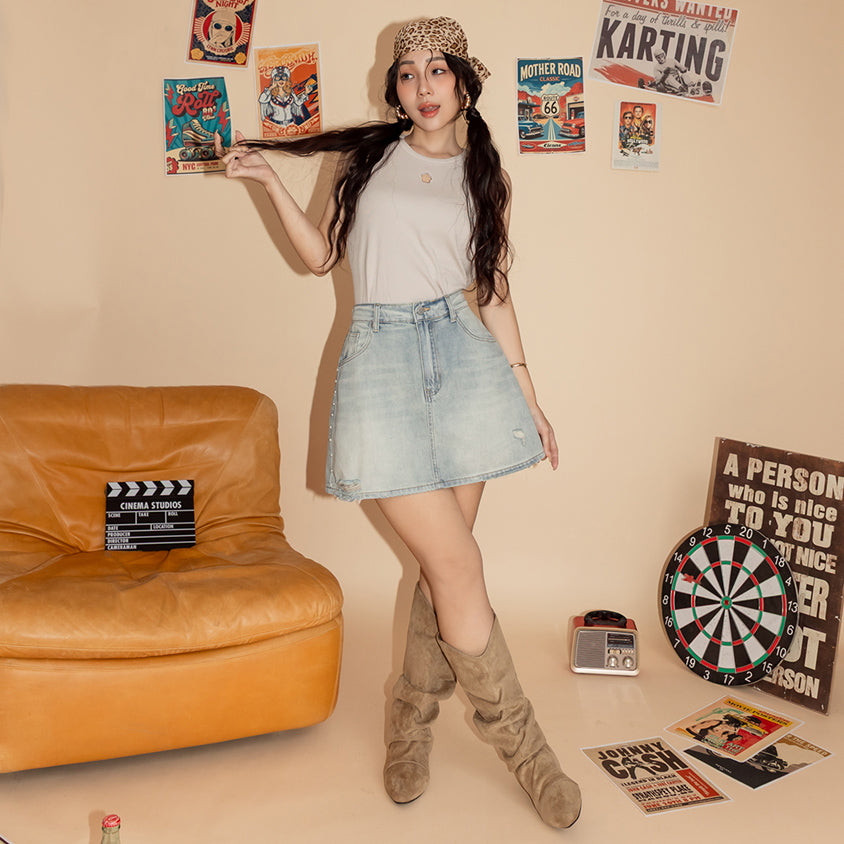 MUA! Side Pearl Studded Distressed Denim Plus Size Mini Skirt