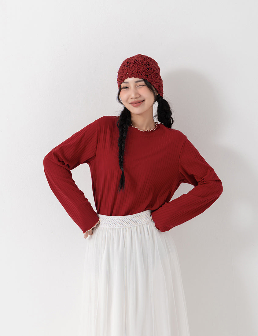 Soft Wide Ribbed Ruffle-Trim Long Sleeve Plus Size Top