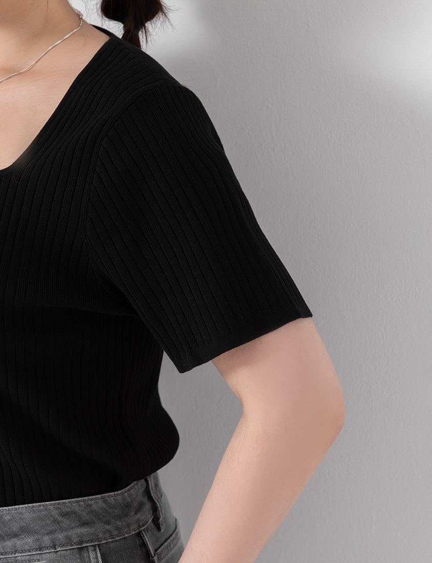 Classic Multicolor Square Neck Ribbed Knit Plus Size Top