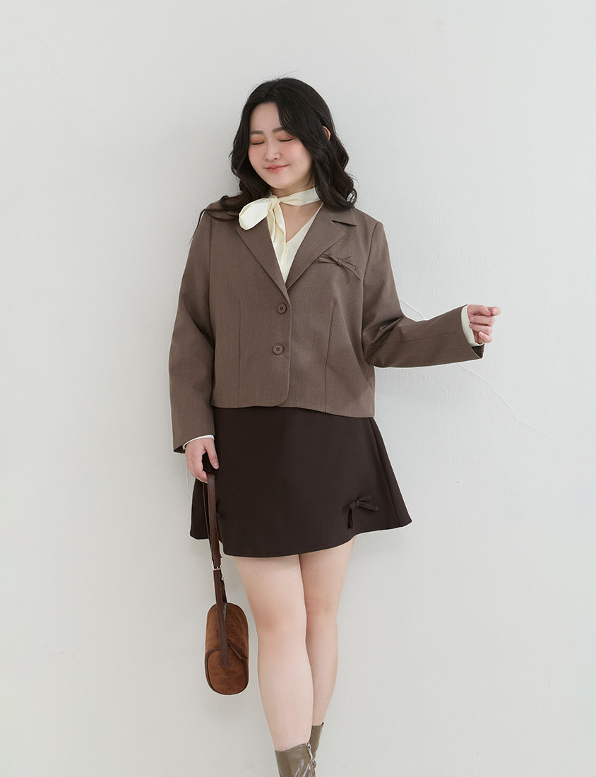 Korean Style Bow-Detail Elastic Back Waist Tailored Plus Size Mini Skirt