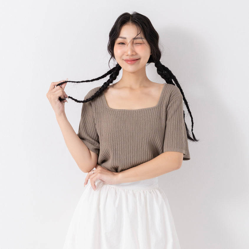 Classic Multicolor Square Neck Ribbed Knit Plus Size Top