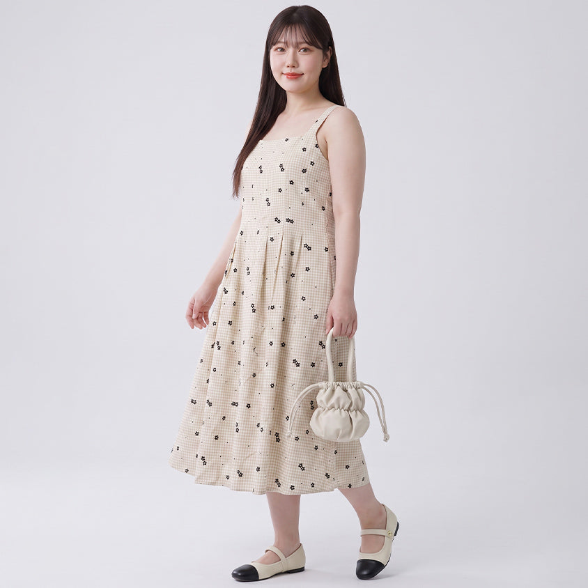 Floral Check Pleated Flare Plus Size Maxi Dress