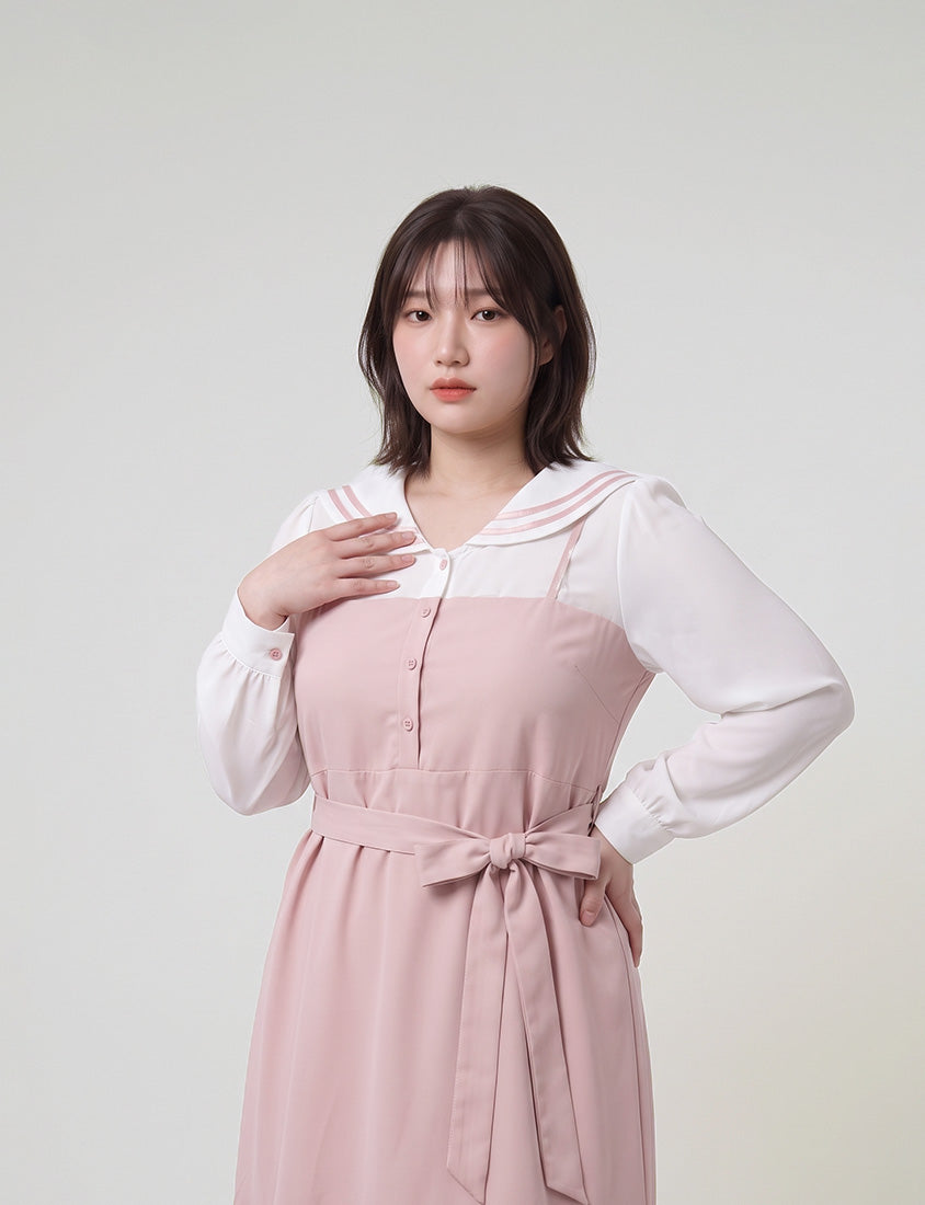 Contrast Sailor Collar Faux Two Piece Plus Size Maxi Dress (With Waist Tie)