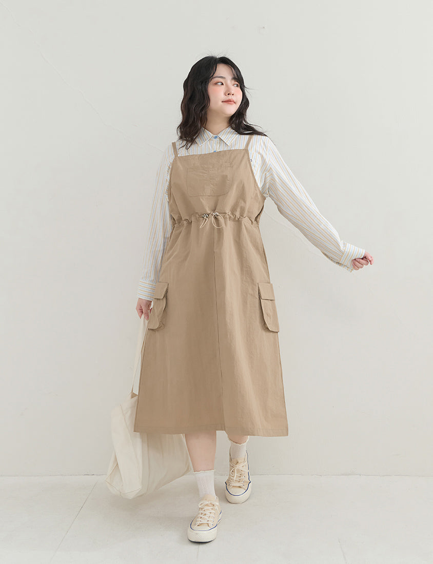 Vintage Utility Adjustable Strap Plus Size Maxi Dress