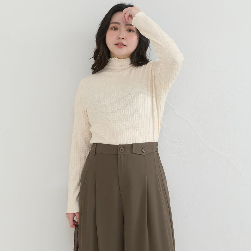 Soft Cable Knit Ribbed Rolled Edges Long Sleeve Plus Size Top