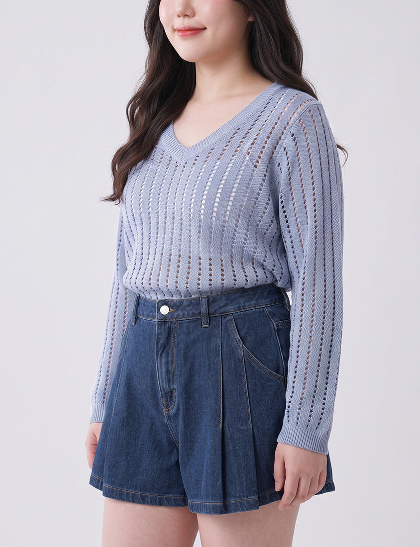 V-Neck Openwork Ribbed Knit Long Sleeve Plus Size Top