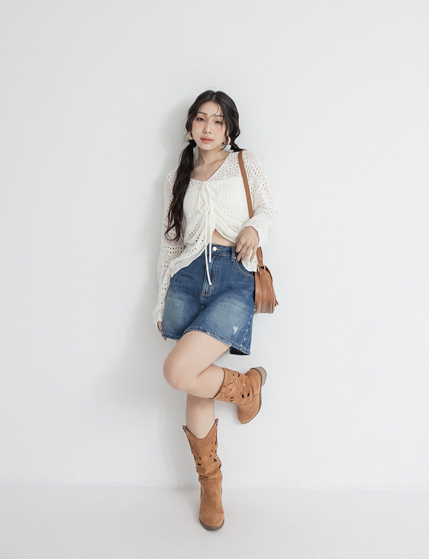 MUA! Lace Openwork Drawstring Knit Plus Size Top