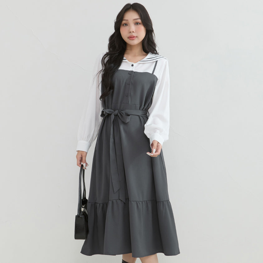 Contrast Sailor Collar Faux Two Piece Plus Size Maxi Dress (With Waist Tie)