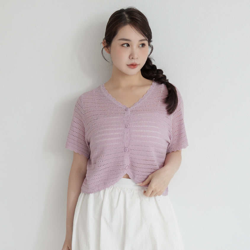 Cute Frill Trim Cutout Cropped Knit Plus Size Cardigan