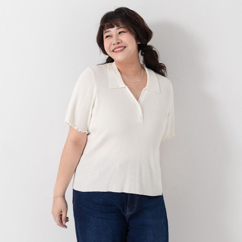 MISS. Polo Collar Ribbed Knit Plus Size Top