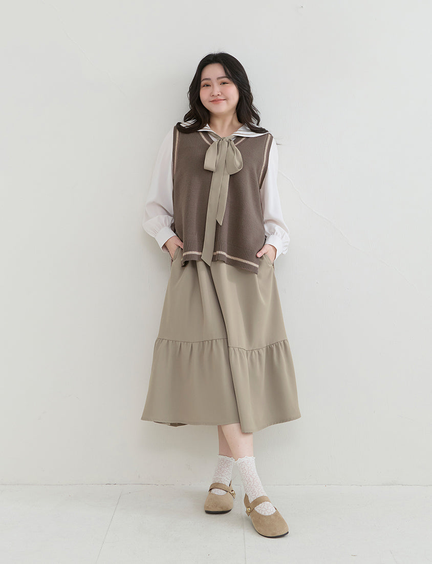 Contrast Sailor Collar Faux Two Piece Plus Size Maxi Dress (With Waist Tie)