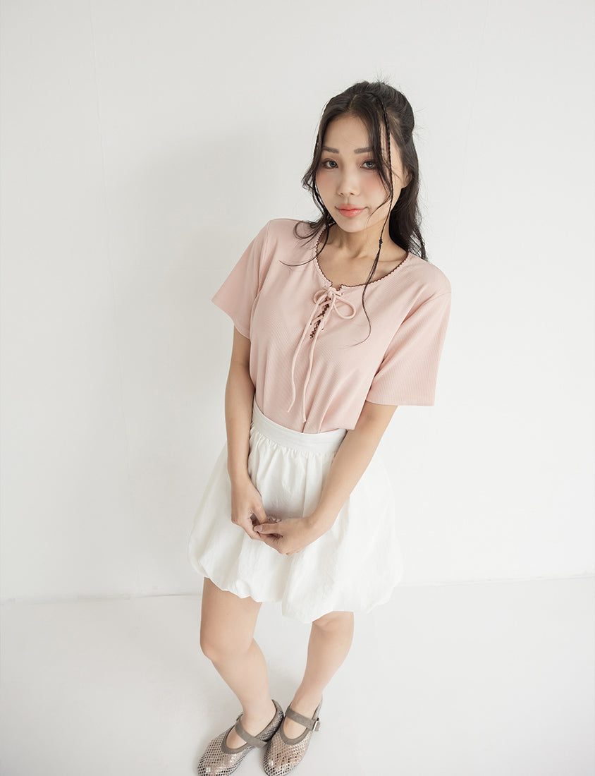 Ruffle Trim Ribbed Tie Front Short Sleeve Plus Size Top