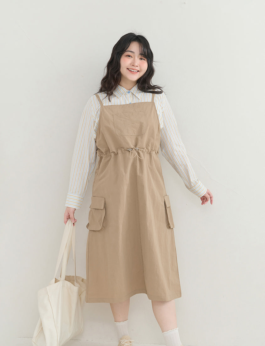 Vintage Utility Adjustable Strap Plus Size Maxi Dress