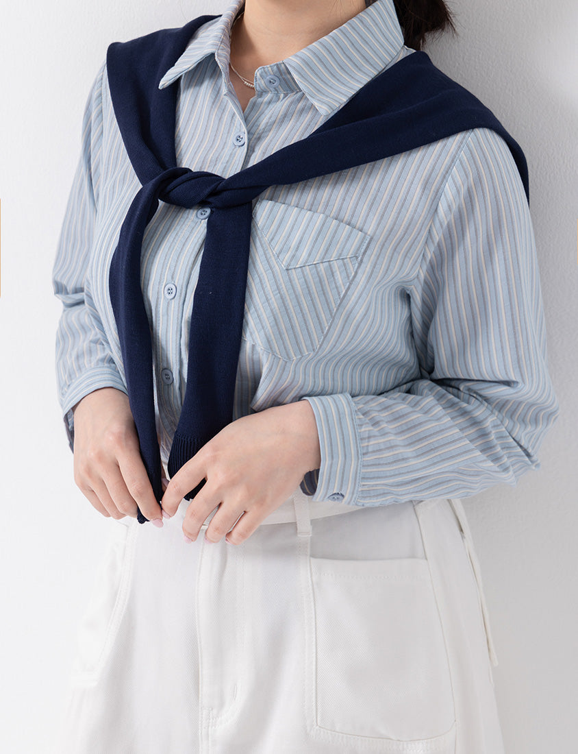 Contrast Stripe Long Sleeve Plus Size Shirt (With Shawl)