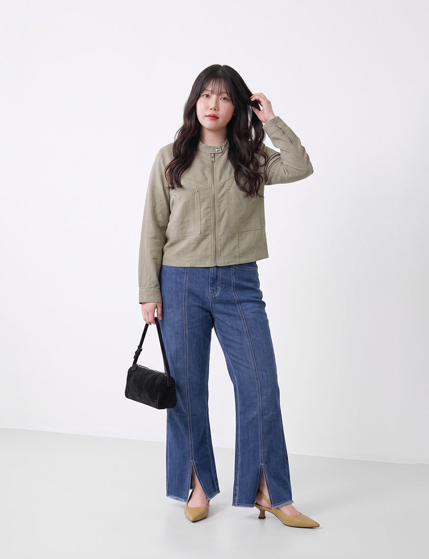 MUA! Lyocell Linen Contrast Stitch Plus Size Moto Jacket