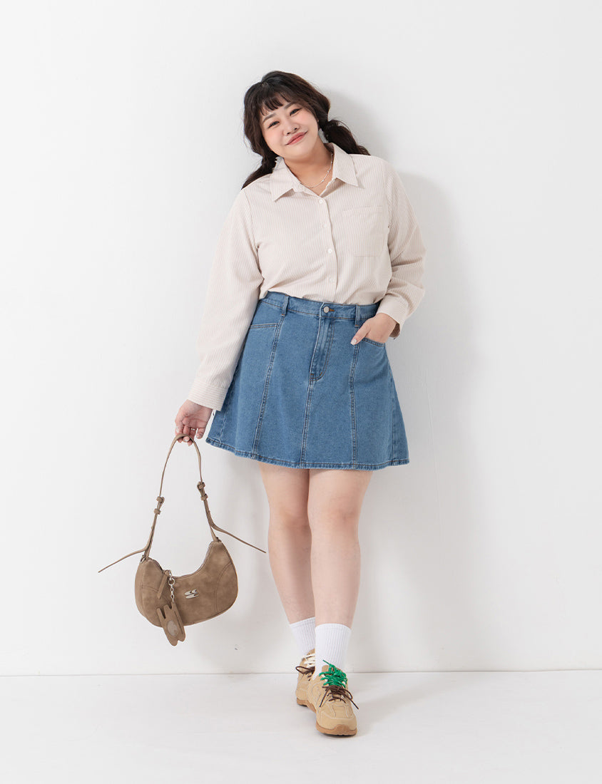 Apple-Shaped Friendly! Perfect Fit Seamed A-Line Denim Plus Size Mini Skirt