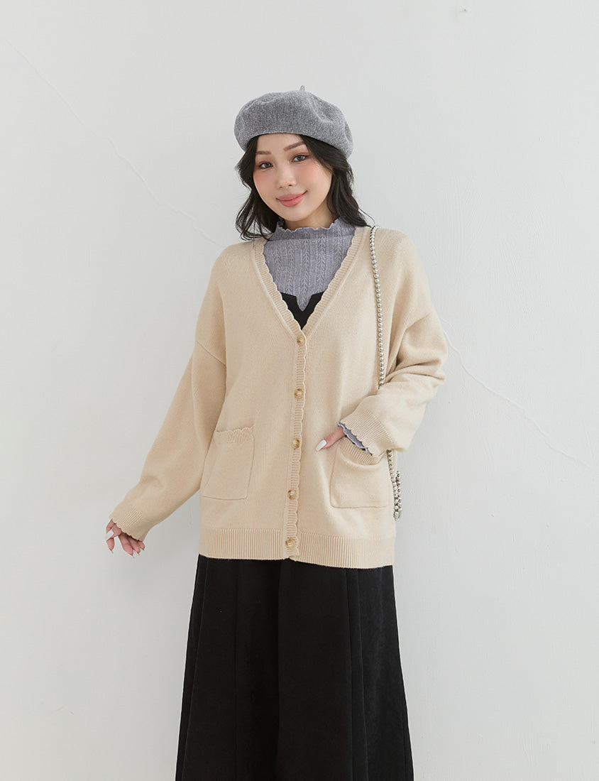Cute Lettuce Trim V-Neck Knit Plus Size Cardigan