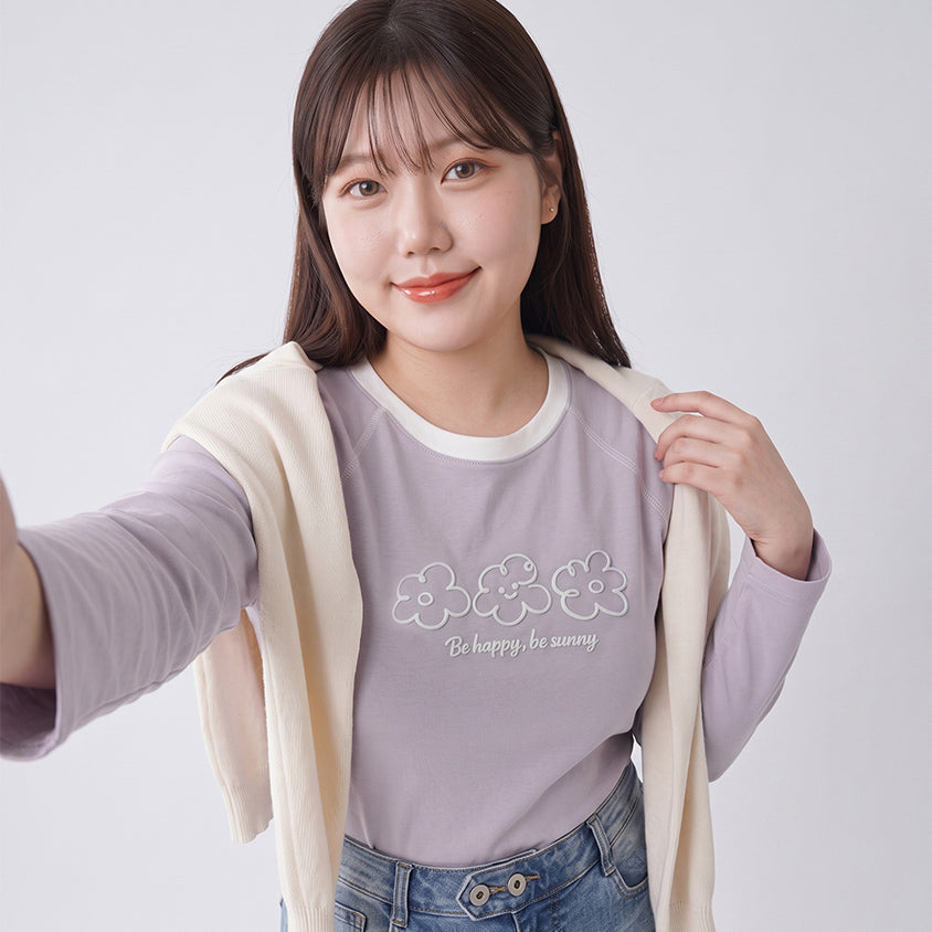 Contrast Floral Puff Print Long-Sleeve Plus Size Tee