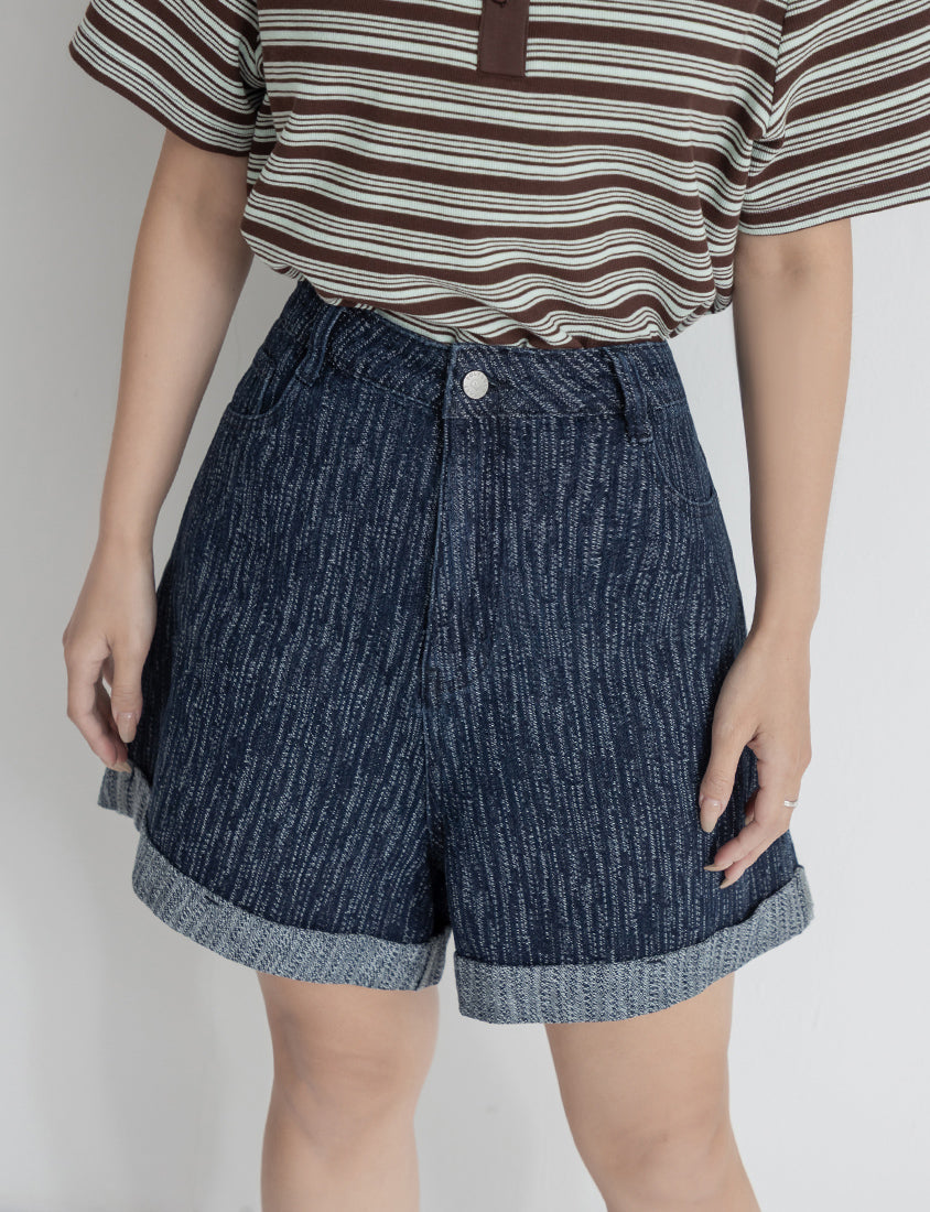 Textured Two-Tone Denim Cuffed Plus Size Shorts