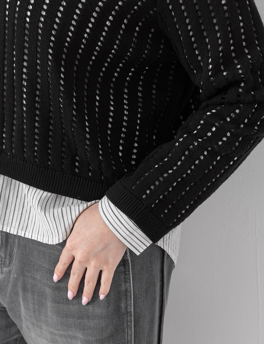 V-Neck Openwork Ribbed Knit Long Sleeve Plus Size Top