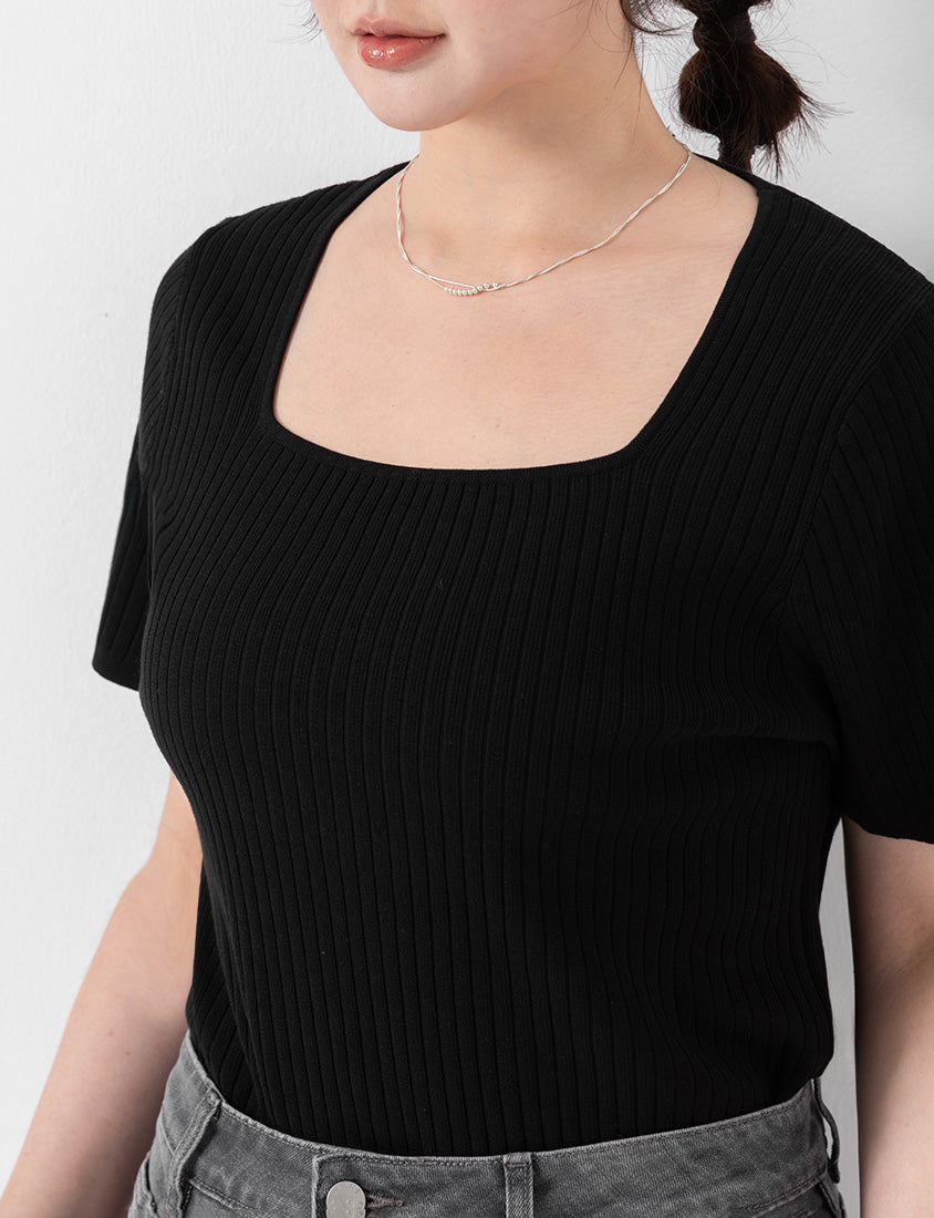 Classic Multicolor Square Neck Ribbed Knit Plus Size Top
